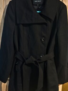 Nine West Black Wool Belted Pea Coat 12 Double Breasted Classic Work Office